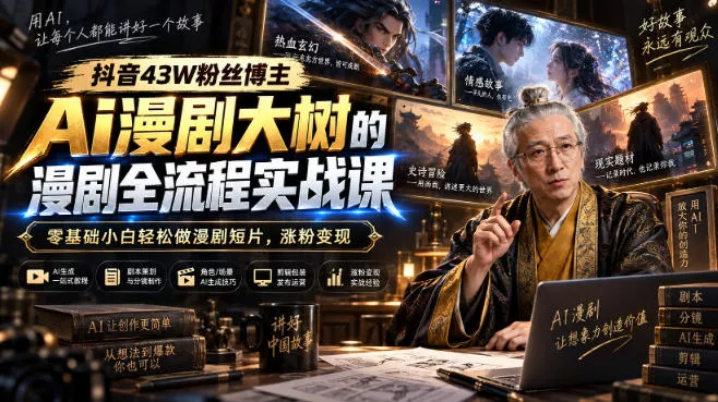 抖音43W粉丝博主Ai漫剧大树的漫剧制作全流程实战课，零基础小白轻松做漫剧短片，涨粉变现-奇点库