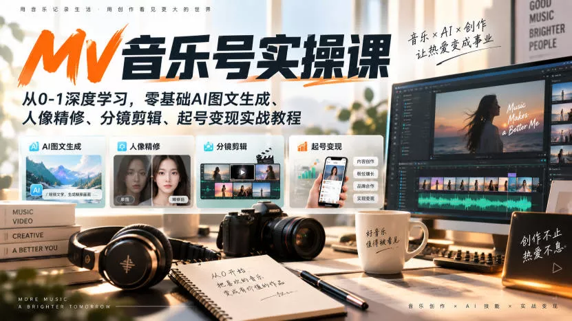 AI MV音乐号实操课，从0-1深度学习，零基础AI图文生成、人像精修、分镜剪辑、起号变现实战教程-奇点库