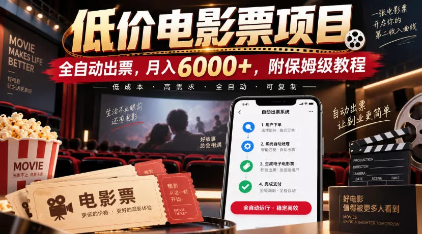 低价电影票项目，全自动出票，月入6000+，附保姆级教程【揭秘】-奇点库