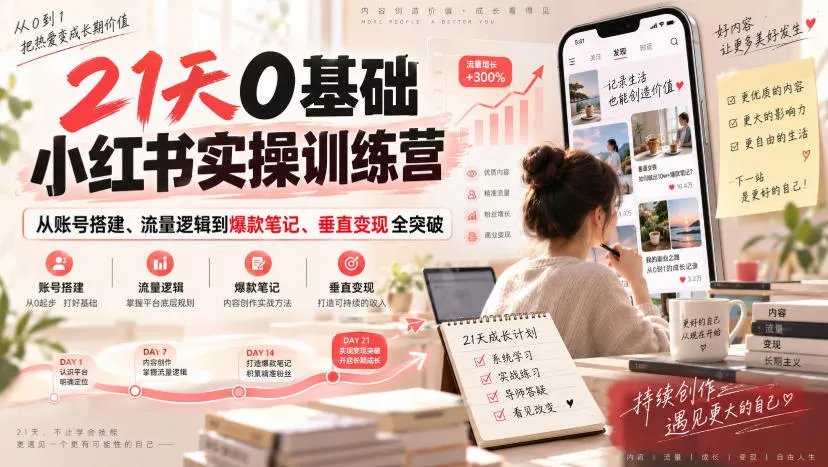 21天0基础小红书实操训练营｜从账号搭建、流量逻辑到爆款笔记、垂直变现全突破-奇点库