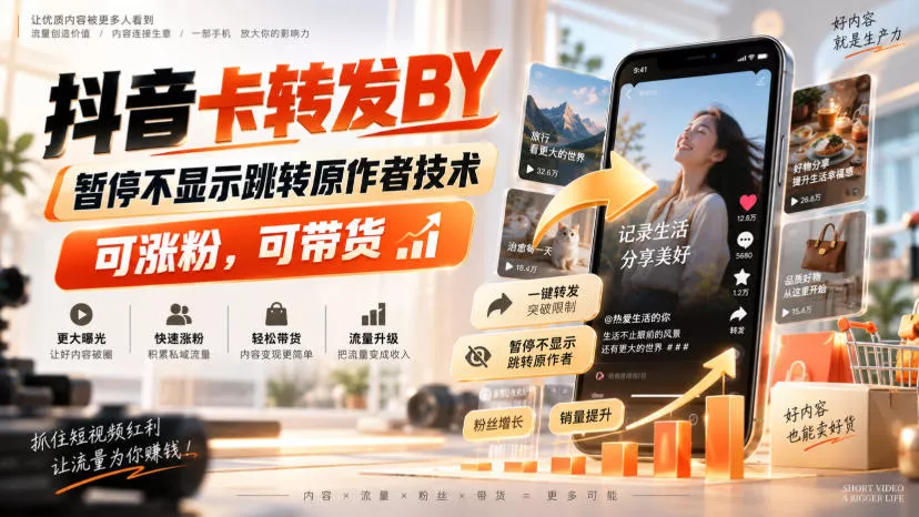 抖音卡转发搬运，暂停不显示跳转原作者技术，可涨粉，可带货-奇点库