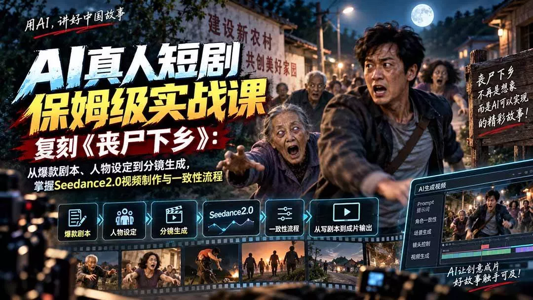 (20360期)AI真人短剧保姆级实战课,复刻《丧尸下乡》:从爆款剧本、人物设定到分镜生成,掌握Seedance2.0视频制作与一致性流程 (20360期)AI真人短剧保姆级实战课,复刻《丧尸下乡》:从爆款剧本、人物设定到分镜生成,掌握Seedance2.0视频制作与一致性流程