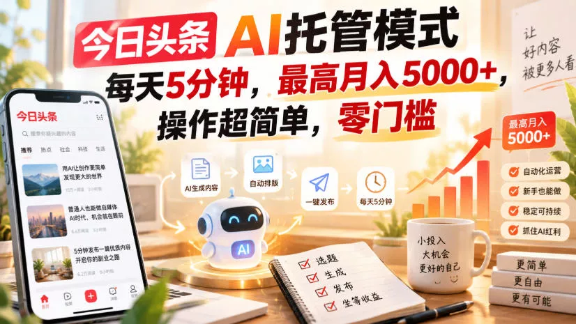 今日头条AI托管模式，每天5分钟，最高月入5000+，操作超简单，零门槛【揭秘】-奇点库