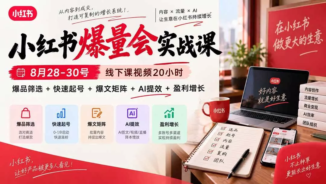 （20359期）小红书爆量会实战课：8月28-30号线下课视频20小时，爆品筛选+快速起号+爆文矩阵+AI提效+盈利增长-奇点库