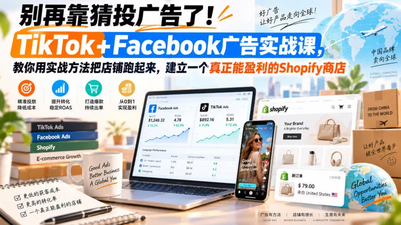 别再靠猜投广告了！TikTok+Facebook广告实战课，教你用实战方法把店铺跑起来，建立一个真正能盈利的Shopify商店【原创双语字幕】-奇点库