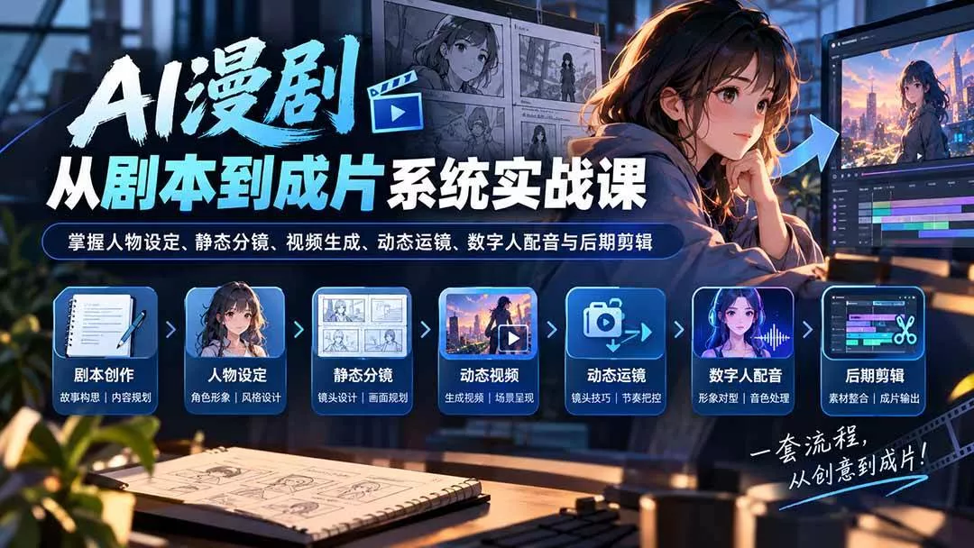 （20375期）AI漫剧从剧本到成片系统实战课：掌握人物设定、静态分镜、视频生成、动态运镜、数字人配音与后期剪辑-奇点库