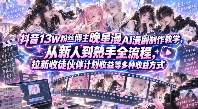 抖音13W粉丝博主晚星漫AI漫剧制作教学，从新人到熟手全流程，拉新收徒伙伴计划收益等多种收益方式，单日1K+-奇点库