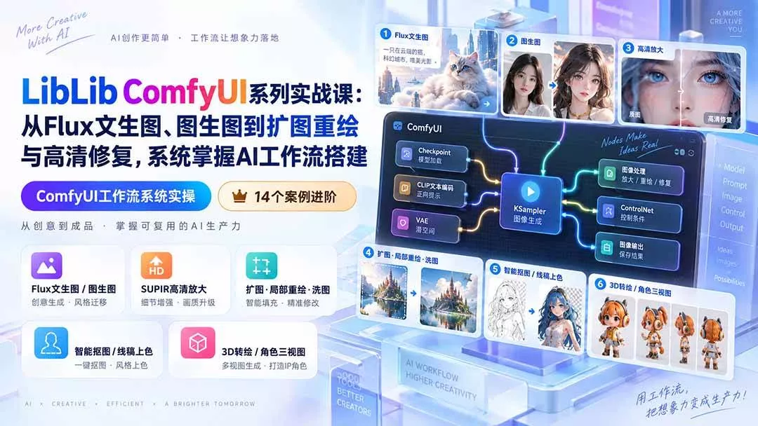 （20368期）LibLib ComfyUI系列实战课：从Flux文生图、图生图到扩图重绘与高清修复，系统掌握AI工作流搭建-奇点库