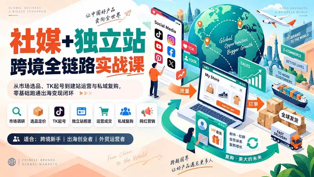 （20361期）社媒+独立站跨境全链路实战课：从市场选品、TK起号到建站运营与私域复购，零基础跑通出海变现闭环-奇点库