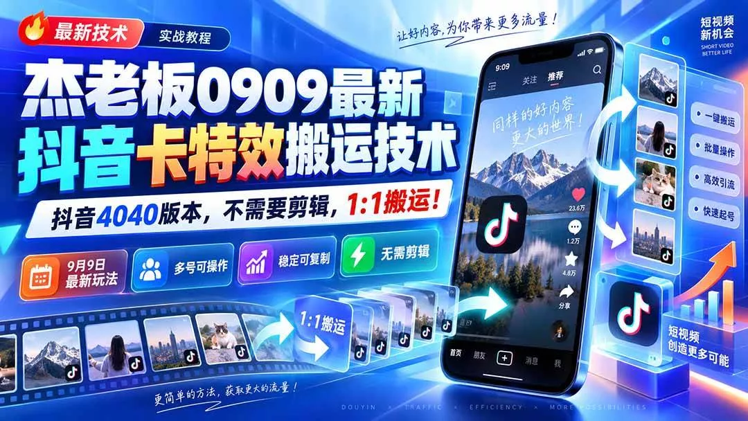 （20369期）杰老板0909最新抖音卡特效搬运技术，抖音4040版本，不需要剪辑，1:1搬运！-奇点库