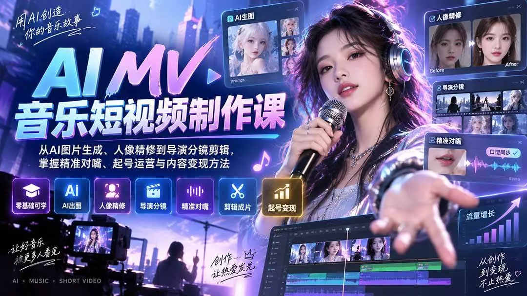 （20364期）AI MV音乐短视频制作课：从AI图片生成、人像精修到导演分镜剪辑，掌握精准对嘴、起号运营与内容变现方法-奇点库