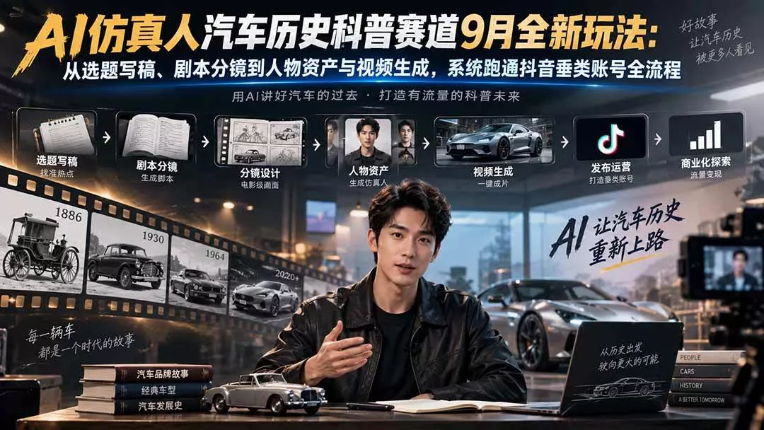 （20413期）AI仿真人汽车历史科普赛道9月全新玩法：从选题写稿、剧本分镜到人物资产与视频生成，系统跑通抖音垂类账号全流程-奇点库