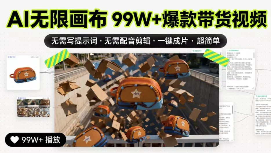AI无限画布99W+爆款带货视频，无需写提示词·无需配音剪辑·一键成片·超简单-奇点库