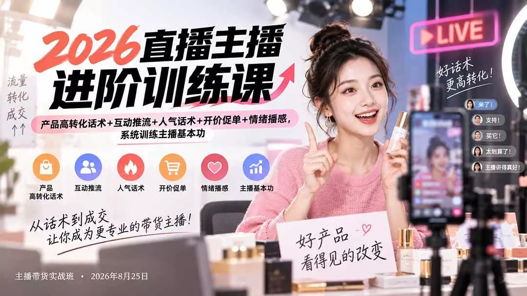 （20408期）2026直播主播进阶训练课：产品高转化话术+互动推流+人气话术+开价促单+情绪播感，系统训练主播基本功-奇点库