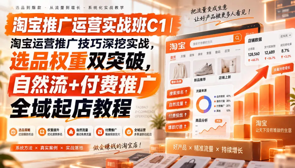 淘宝推广运营实战班C1｜淘宝运营推广技巧深挖实战，选品权重双突破，自然流+付费推广全域起店教程-奇点库