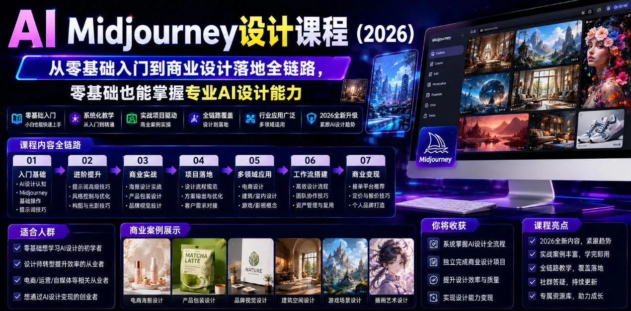 AI Midjourney设计课程（2026），从零基础入门到商业设计落地全链路，零基础也能掌握专业AI设计能力（更新0913）-奇点库