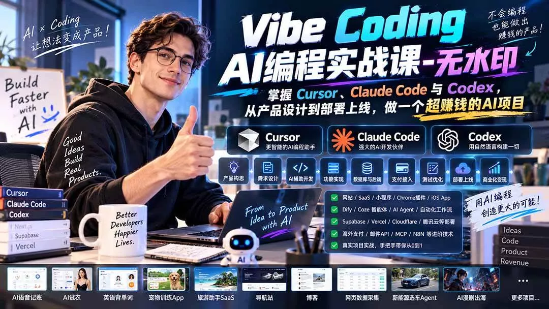 （20431期）Vibe Coding AI编程实战课-无水印：掌握Cursor、Claude Code与Codex，从产品设计到部署上线，做一个超赚钱的AI项目-奇点库