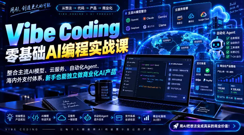 Vibe Coding零基础AI编程实战课-无水印，整合主流AI模型、云服务、自动化Agent、海内外支付体系，新手也能独立做商业化AI产品-奇点库