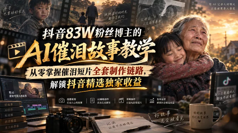 抖音83W粉丝博主的AI催泪故事教学，从零掌握催泪短片全套制作链路，解锁抖音精选独家收益-奇点库