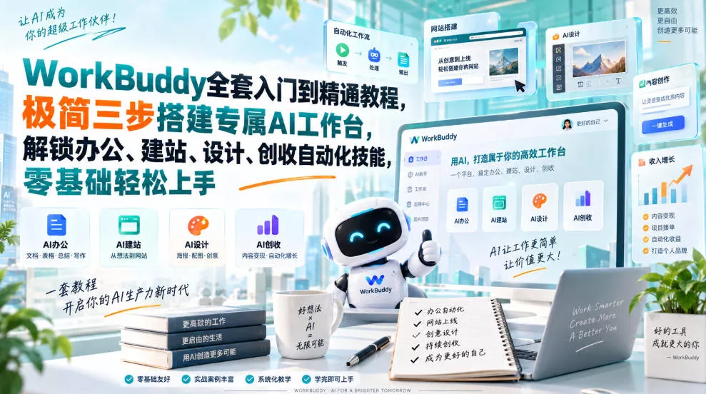 WorkBuddy全套入门到精通教程，极简三步搭建专属AI工作台，解锁办公、建站、设计、创收自动化技能，零基础轻松上手-奇点库