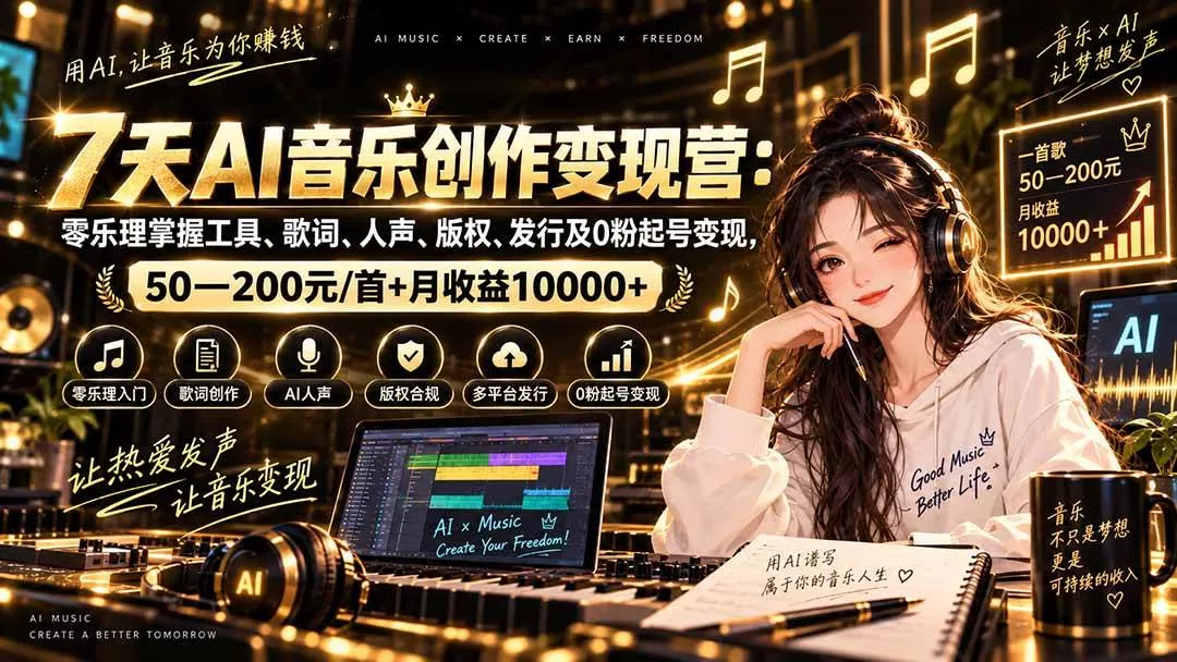 （20442期）AI音乐创作变现营：零乐理掌握工具、歌词、人声、版权、发行及0粉起号变现，50—200元/首+月收益10000+-奇点库
