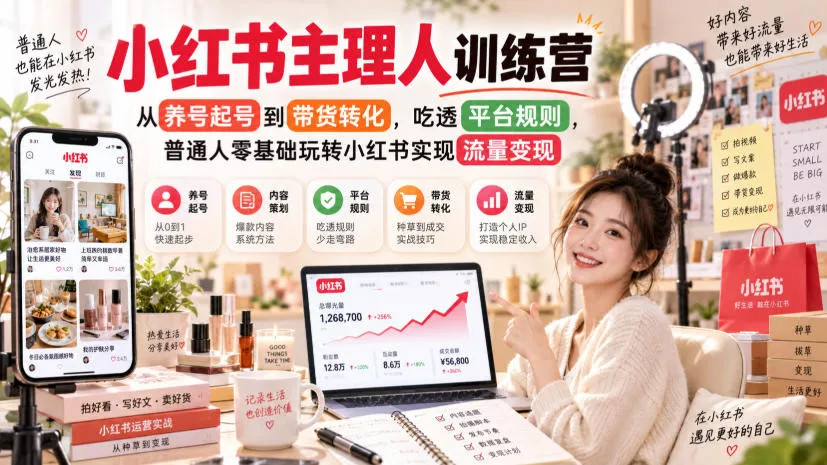小红书主理人训练营，从养号起号到带货转化，吃透平台规则，普通人零基础玩转小红书实现流量变现-奇点库