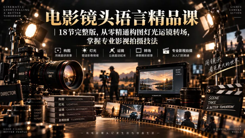 电影镜头语言精品课｜18节完整版，从零精通构图灯光运镜转场，掌握专业影视拍摄技法-奇点库