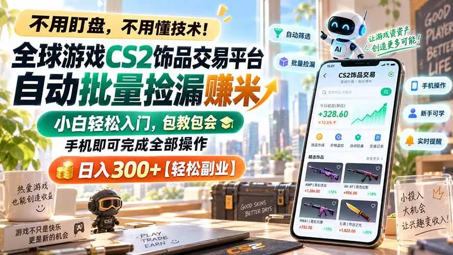 （20454期）全球游戏CS2饰品交易平台自动批量捡漏赚米，小白轻松入门，包教包会，手机即可完成全部操作，日入300+【轻松副业】-奇点库