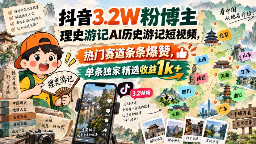 抖音3.2W粉博主理史游记AI历史游记短视频教学，热门赛道条条爆赞，单条独家精选收益1k+-奇点库