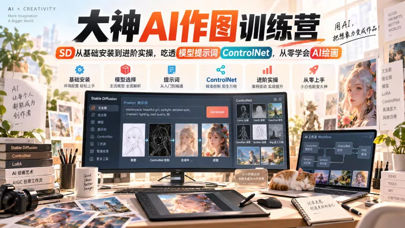 大神AI作图训练营，SD从基础安装到进阶实操，吃透模型提示词ControlNet，从零学会AI绘画-奇点库