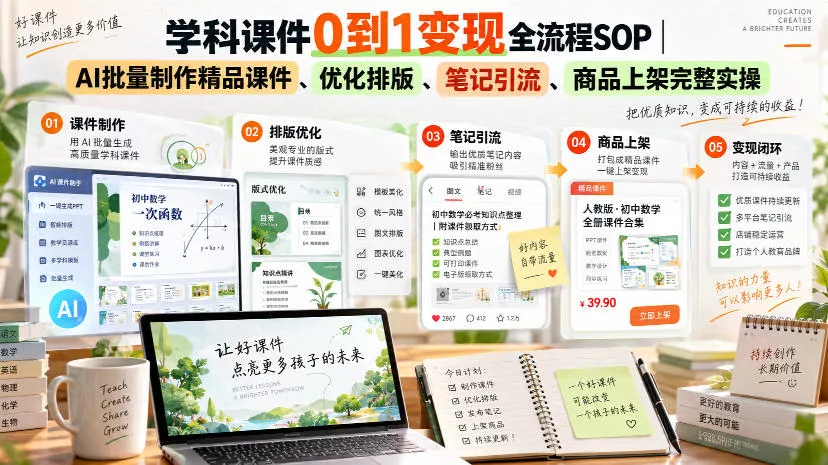 学科课件0到1变现全流程SOP｜AI批量制作精品课件、优化排版、笔记引流、商品上架完整实操-奇点库