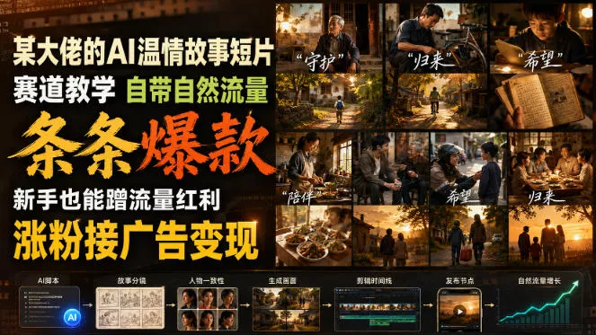 某大佬的AI温情故事短片赛道教学，自带自然流量，条条爆款，新手也能蹭流量红利，涨粉接广告变现（更新）-奇点库