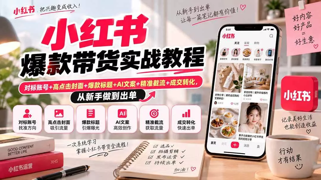 （20473期）小红书爆款带货实战教程｜对标账号+高点击封面+爆款标题+AI文案+精准截流+成交转化，从新手做到出单