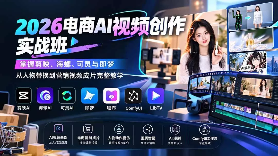 (20466期)2026电商AI视频创作实战班:掌握剪映、海螺、可灵与即梦,从人物替换到营销视频成片完整教学 (20466期)2026电商AI视频创作实战班:掌握剪映、海螺、可灵与即梦,从人物替换到营销视频成片完整教学