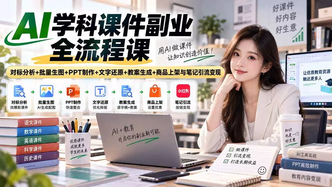 （20469期）AI学科课件副业全流程课｜对标分析+批量生图+PPT制作+文字还原+教案生成+商品上架与笔记引流变现-奇点库