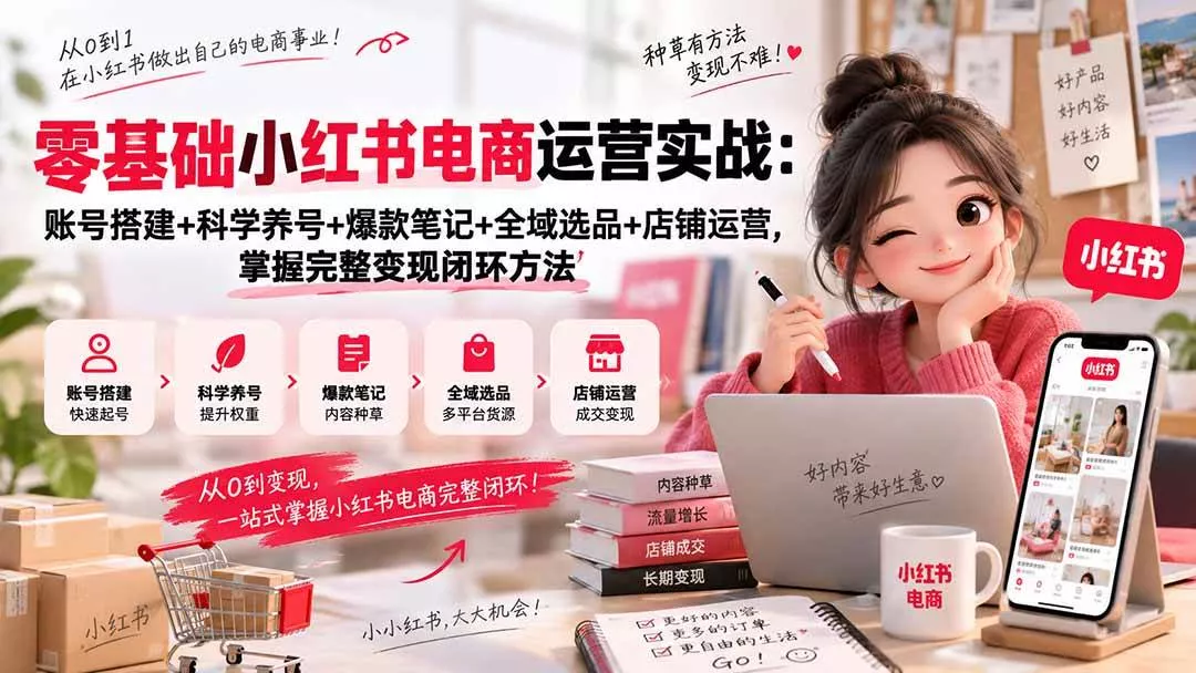 （20467期）零基础小红书电商运营实战：账号搭建+科学养号+爆款笔记+全域选品+店铺运营，掌握完整变现闭环方法-奇点库