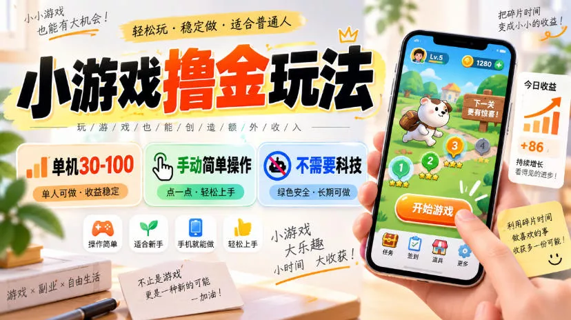 小游戏撸金玩法，单机30-100，手动简单操作，不需要科技-奇点库