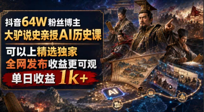 抖音64W粉丝博主大驴说史亲授AI历史课，可以上精选独家，全网发布收益更可观，单日收益1k+（更新）-奇点库
