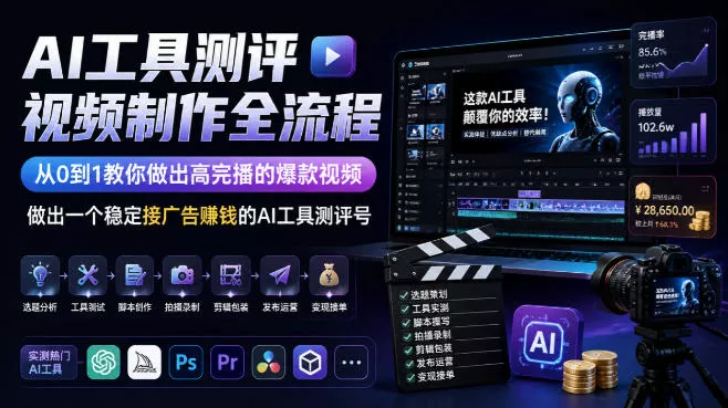 AI工具测评视频制作全流程,从0到1教你做出高完播的爆款视频,做出一个稳定接广告賺钱的AI工具测评号 AI工具测评视频制作全流程,从0到1教你做出高完播的爆款视频,做出一个稳定接广告賺钱的AI工具测评号