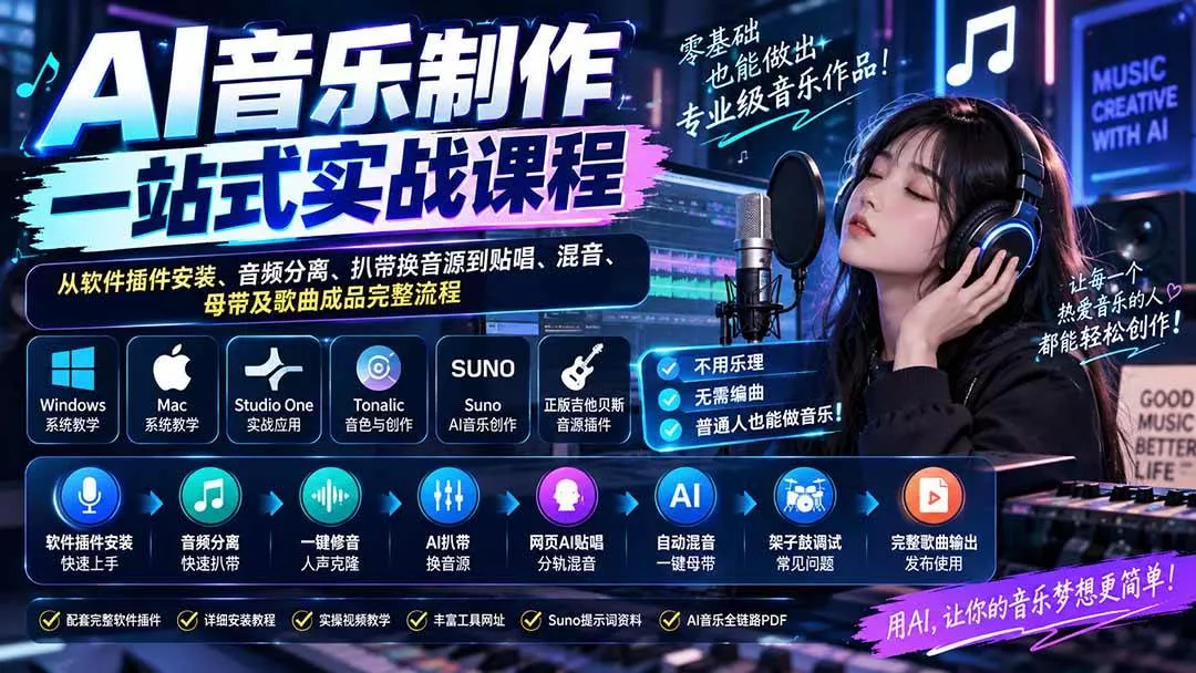 (20490期)AI音乐制作一站式实战课程:从软件插件安装、音频分离、扒带换音源到贴唱、混音、母带及歌曲成品完整流程 (20490期)AI音乐制作一站式实战课程:从软件插件安装、音频分离、扒带换音源到贴唱、混音、母带及歌曲成品完整流程