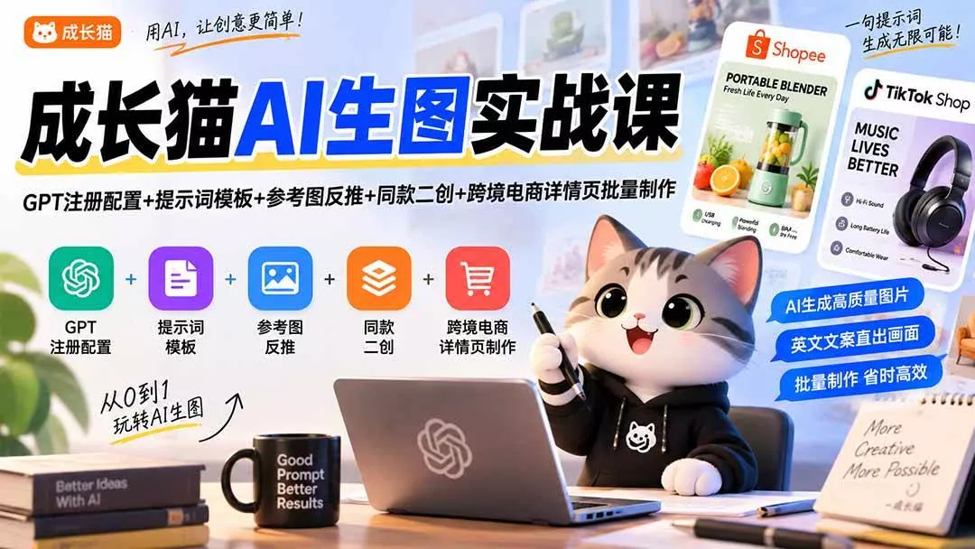（20482期）成长猫AI生图实战课｜GPT注册配置+提示词模板+参考图反推+同款二创+跨境电商详情页批量制作-奇点库