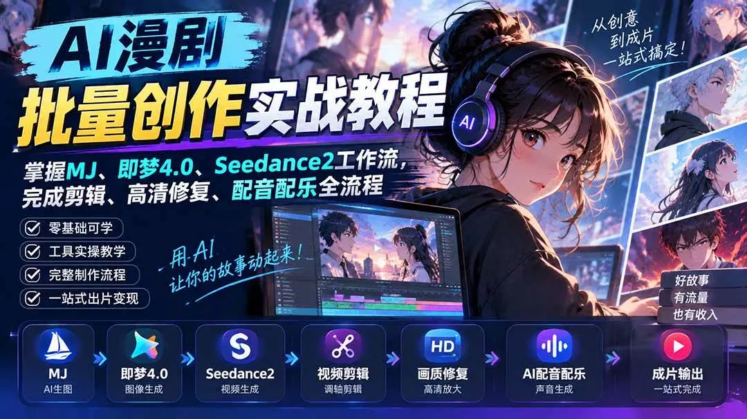 （20488期）AI漫剧批量创作实战教程：掌握MJ、即梦4.0、Seedance2工作流，完成剪辑、高清修复、配音配乐全流程-奇点库