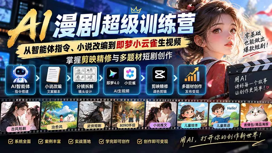 （20491期）AI漫剧超级特训营：从智能体指令、小说改编到即梦小云雀生视频，掌握剪映精修与多题材短剧创作-奇点库