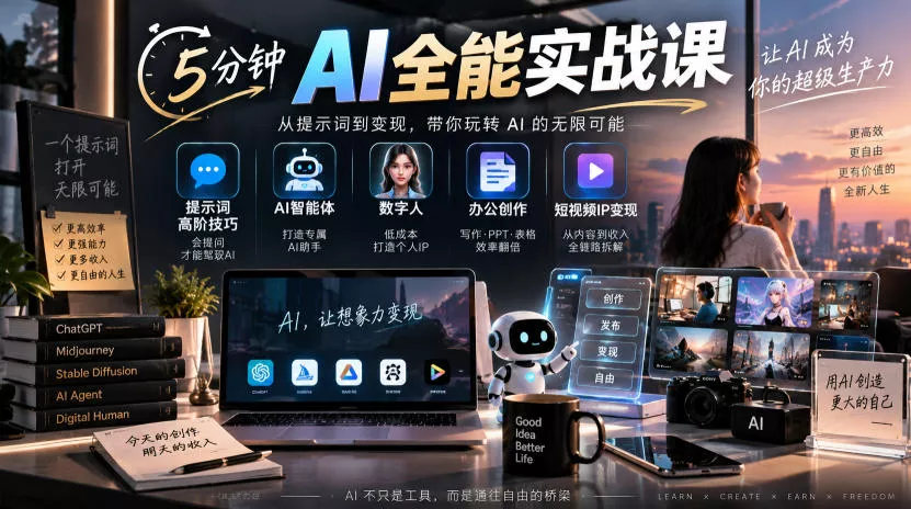 5分钟AI全能实战课｜提示词高阶技巧+AI智能体+数字人+办公创作+短视频IP变现全教程-奇点库