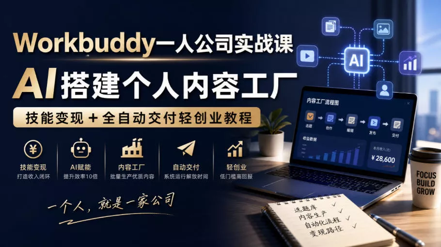 Workbuddy一人公司实战课，AI搭建个人内容工厂，技能变现+全自动交付轻创业教程-奇点库