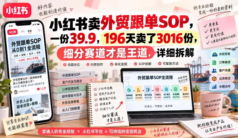 小红书卖外贸跟单sop，一份39.9，196天卖了3016份，细分赛道才是王道，详细拆解-奇点库