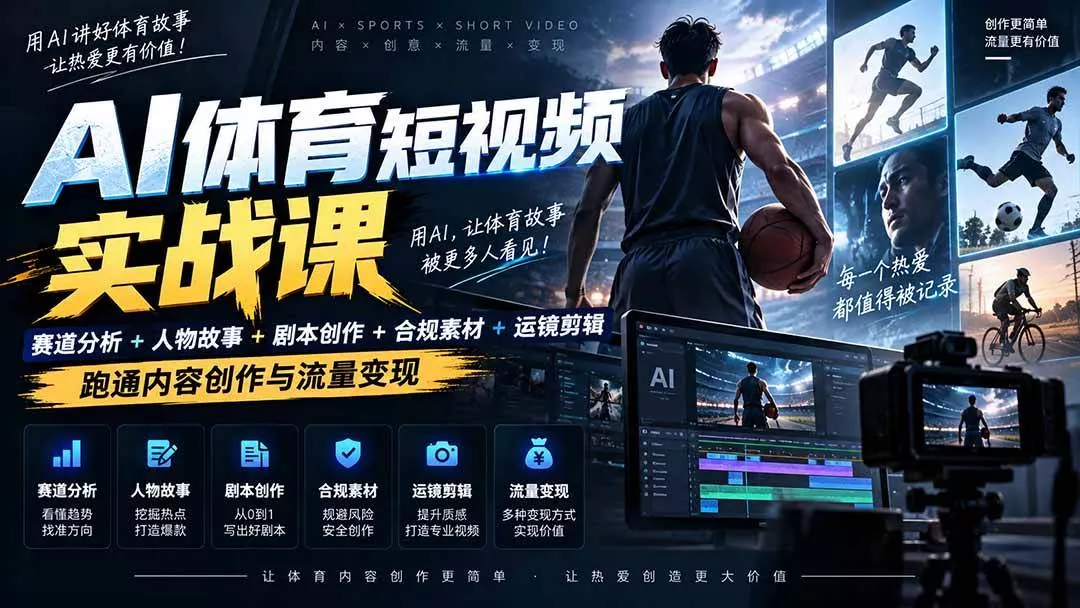 （20515期）AI体育短视频赛道顶级玩法｜赛道分析+人物故事+剧本创作+版权处理+运镜剪辑，跑通流量变现-日赚1K+-奇点库