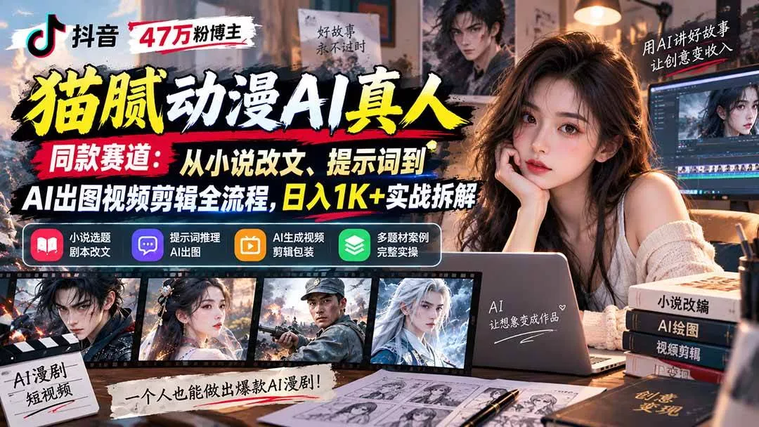 （20524期）抖音47万粉博主猫腻动漫AI真人同款赛道：从小说改文、提示词到AI出图视频剪辑全流程，日入1K+实战拆解