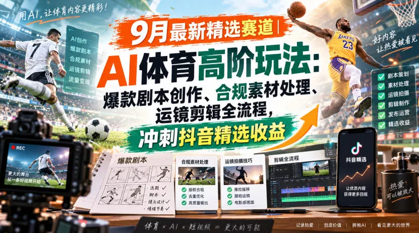某大佬的9月最新精选赛道之AI体育顶级玩法，爆款剧本创作、版权规避、运镜剪辑全流程，稳拿抖音精选收益-奇点库