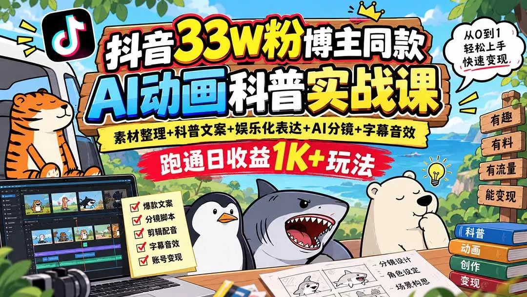（20510期）抖音33W粉博主同款AI动画科普实战课｜素材整理+科普文案+娱乐化表达+AI分镜+字幕音效，跑通日收益1K+玩法-奇点库